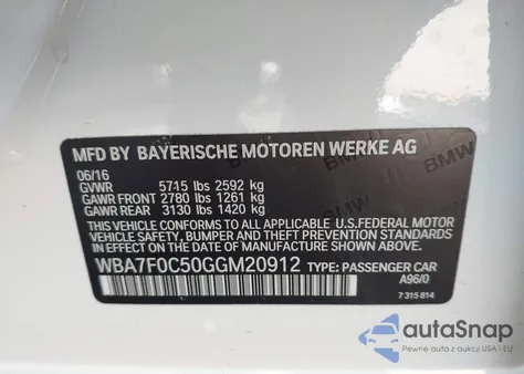 2016 BMW 750I z USA, uszkodzony, nr VIN WBA7F0C50GGM20912